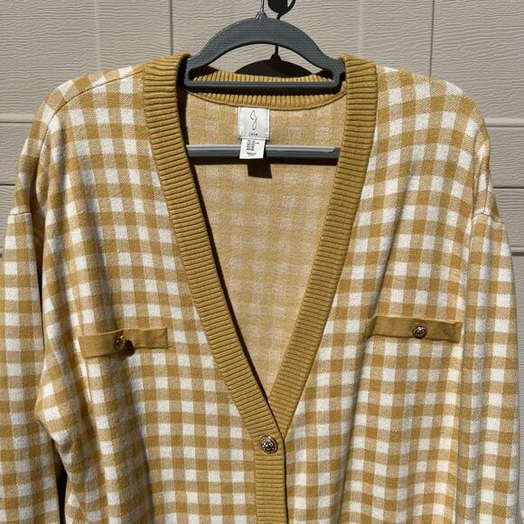 Joie Oversized Gingham Plaid Button Front Cardigan Yellow Mustard White Sz XL - Picture 3 of 12